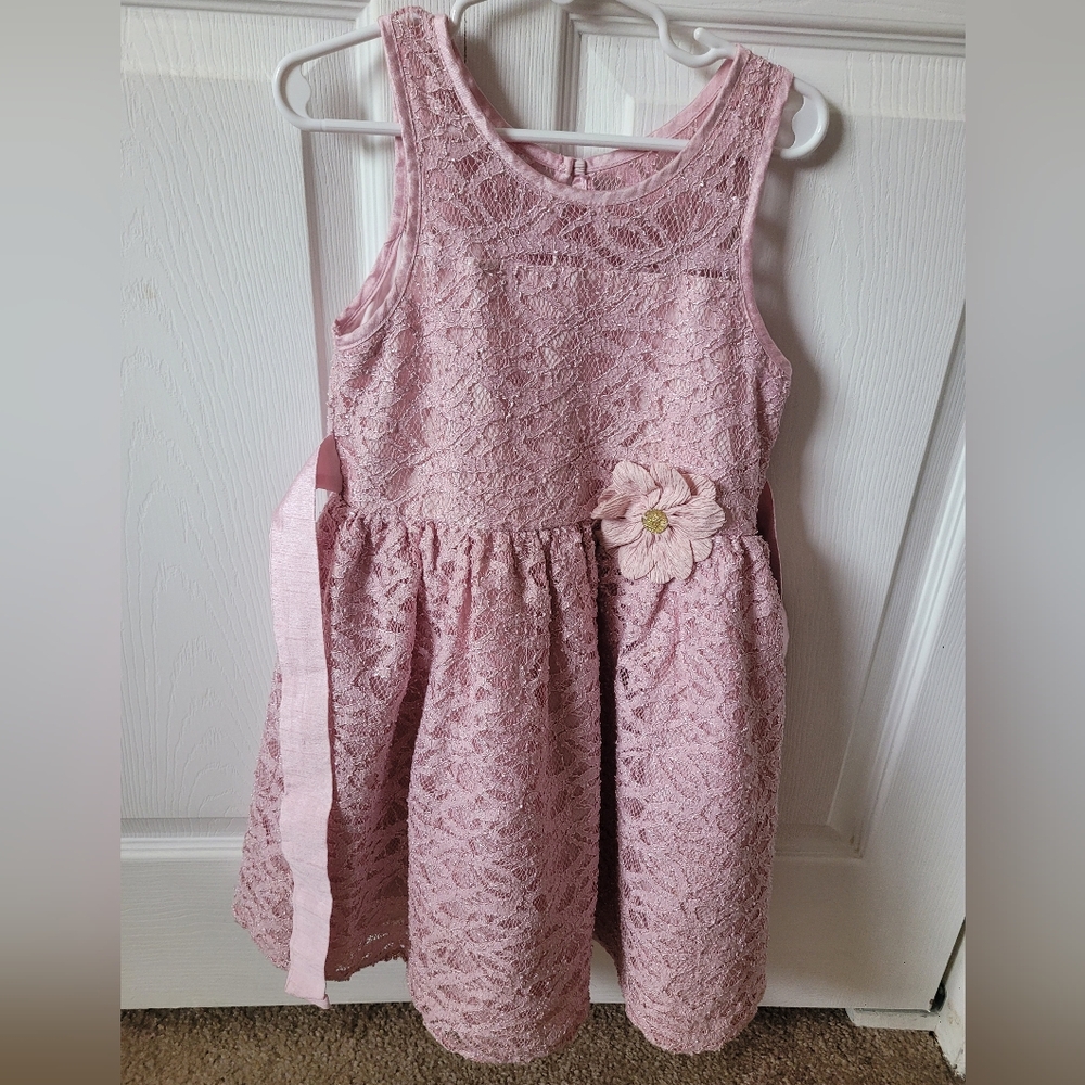Pink Lace Kids Dress with Flower Accent